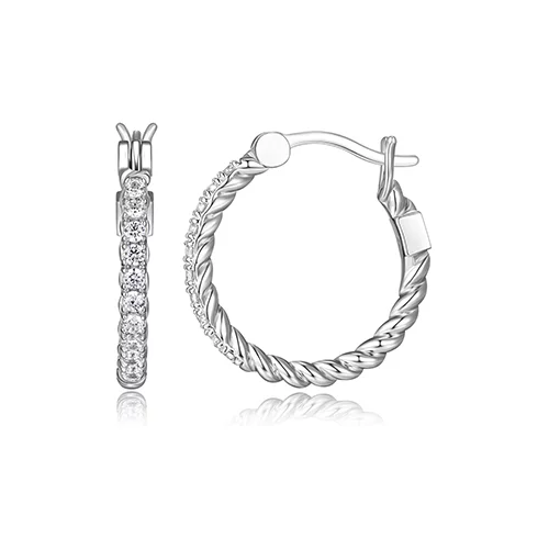 ELLE "Nautical" Rope Finish with Cubic Zirconia 18mm Round Hoop Earrings - Silver