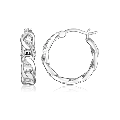 ELLE "Ovation" Sterling Silver link with Pave Cubic Zirconia Earrings - Silver