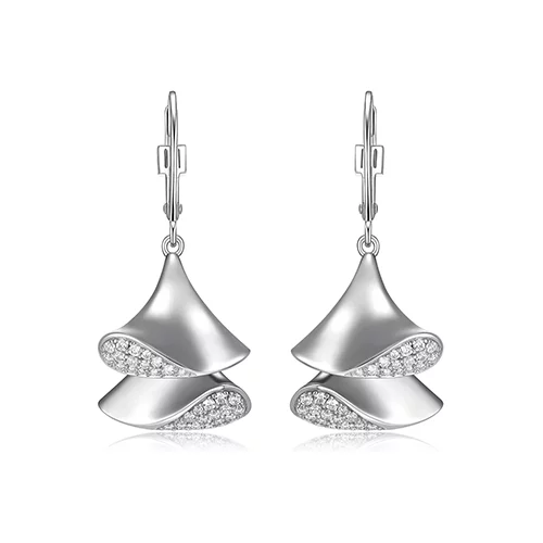 ELLE "Flamenco" Double Triangular Dangle with Cubic Zirconia Leverback Earrings - Silver