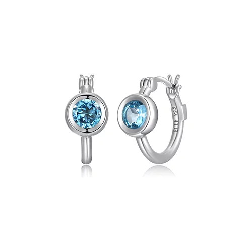 ELLE "Mirage" Hoop with Round Bezel Set Blue Topaz Earrings - Silver