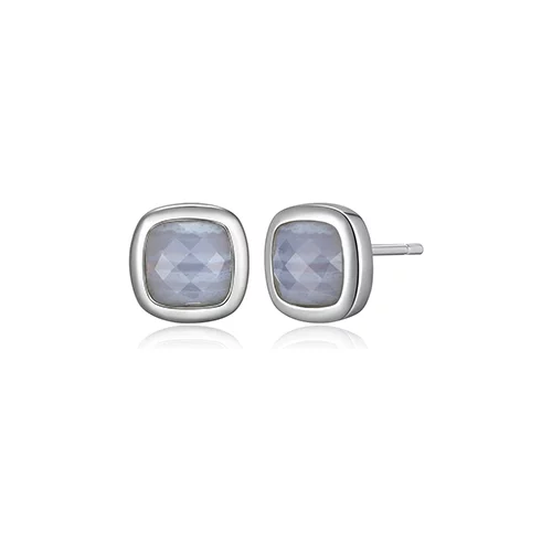 ELLE "Mirage" Cushion Cut Bezel Set Blue Lace Agate Stud Earrings - Silver