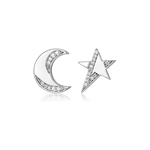 ELLE "Motif" Moon and Star with Cubic Zirconia Mismatched Stud Earrings - Silver