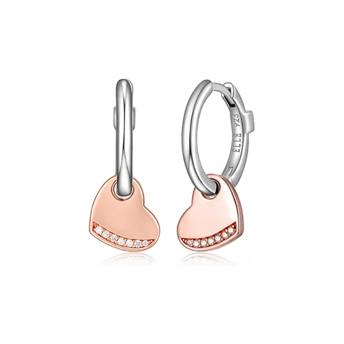 ELLE "Motif" 16mm Hoop and Heart with Cubic Zirconia Drop Earrings - Silver and Rose Gold