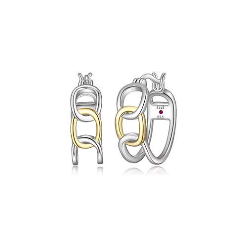 ELLE "Parallel" Two-tone Sterling Silver Open Oblong Link Hoops Earrings - Silver and Gold