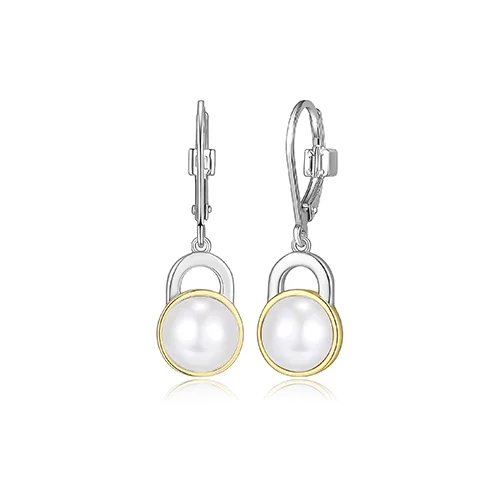ELLE "Parallel" Sterling Silver Bezel Set with White Pearl Lever Back Earrings - Silver and Gold