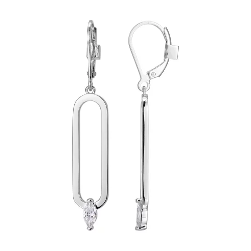 ELLE "Parallel" Open Oblong Dangle with Marquise Cubic Zirconia Lever Back Earrings - Silver