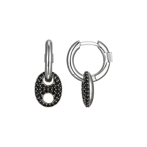 ELLE "Espion" Sterling Silver Pave Black Crystal Drop Hoop Earrings - Silver