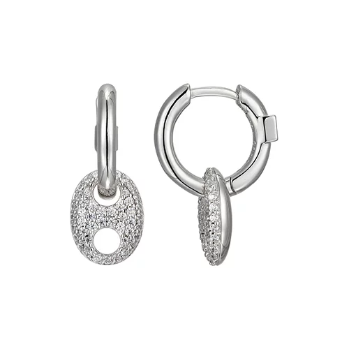 ELLE "Espion" Sterling Silver Pave Cubic Zirconia Drop 13mm Hoop Earrings - Silver