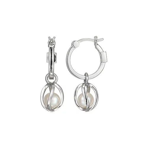 ELLE "Luna" Sterling Silver White Pearl and Cage 15mm Hoop Earrings - Silver