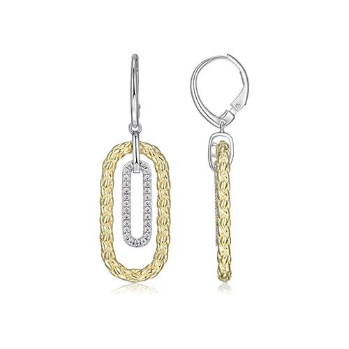 Charles Garnier Sterling Silver "Paperclip" Link with CZ Leverback Earrings - Silver and Gold