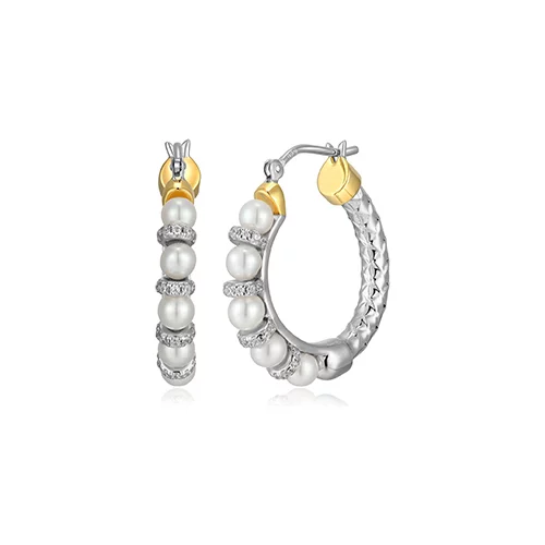 Charles Garnier Sterling Silver "New Mesh" Genuine Pearl & CZ Hoop Earrings - Silver and Gold