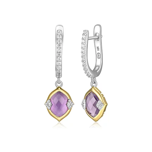 Charles Garnier Sterling Silver "Prism" Genuine Amethyst & CZ Hoop Earrings - Silver and Gold