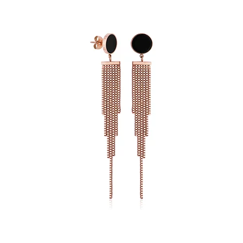 CJ Steelx Black Enamel Dot Tassel Earrings - Rose Gold