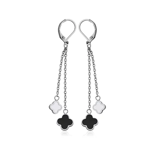CJ Steelx Clover Dangle Stainless Steel Earring with Black and White Enamel