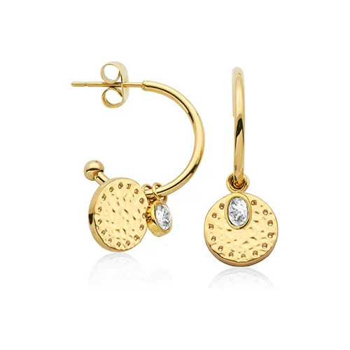 CJ Steelx Disc and Clear Crystal Hoop Earring in IP Gold
