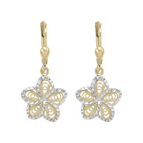 10K Gold and Silver Flower Shape Fashion Drop Earrings