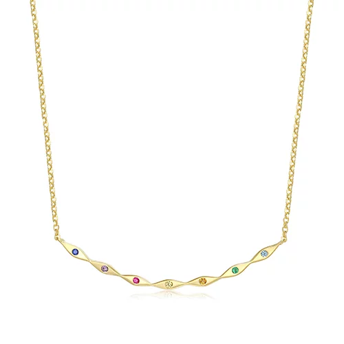 Diamondlite "Mystique" Multi-coloured Created Gems Scalloped Curved Bar Necklace - Gold