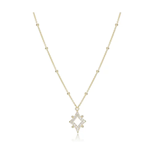 ELLE "Stellar" Sterling Silver Rhombus with Pave Cubic Zirconia Necklace with Bead Chain - Gold