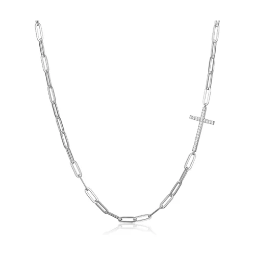 Charles Garnier Sterling Silver "PAPERCLIP" 3.5mm Link Side Way Cross with CZ Necklace - Silver