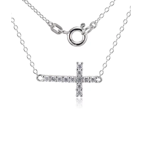 Diamondlite Cubic Zirconia Sideways Cross Necklace in Silver