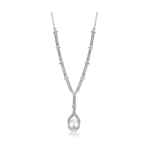 Diamondlite Cubic Zirconia 8mm Round Genuine Pearl Y-necklace - Silver