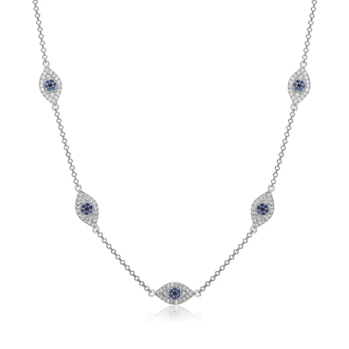 Diamondlite Cubic Zirconia, Black Spinel and Sapphire Evil Eye Station Necklace - Silver