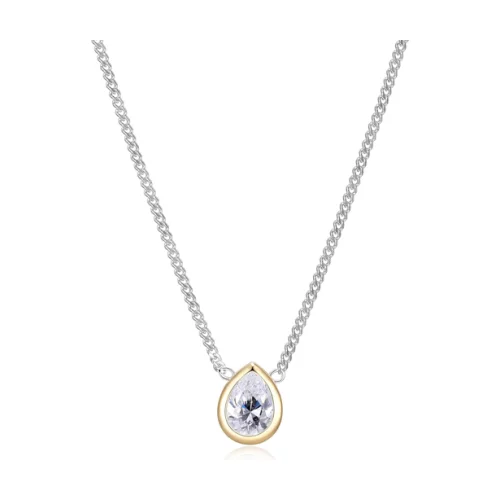 Diamondlite Cubic Zirconia Pear Bezel Solitaire Curb Chain Necklace - Silver and Gold