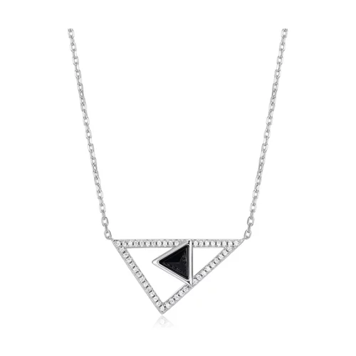 ELLE "Spatial" Sterling Silver Black Agate and Pave Cubic Zirconia Triangle Necklace - Silver
