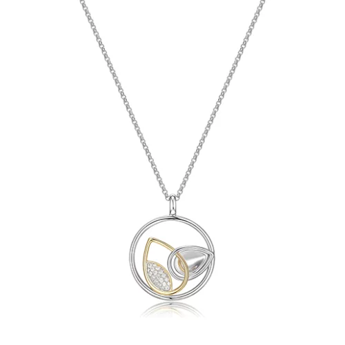 ELLE "Moon Shadow" Sterling Silver with Pave Cubic Zirconia Necklace - Silver and Gold