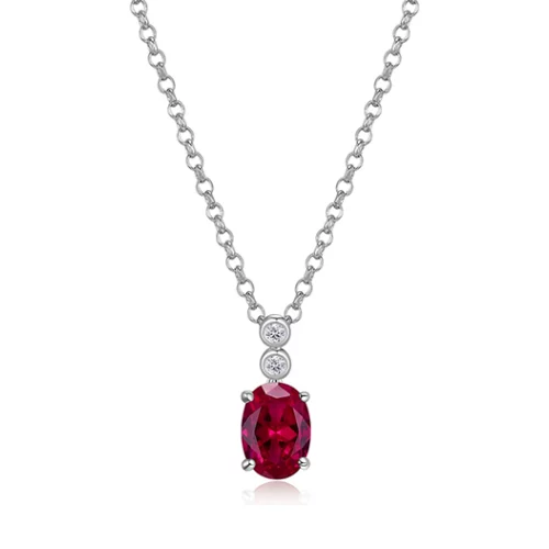 ELLE "Holiday Stars" Oval Created Ruby and Lab Grown Diamond Solitaire Necklace - Silver