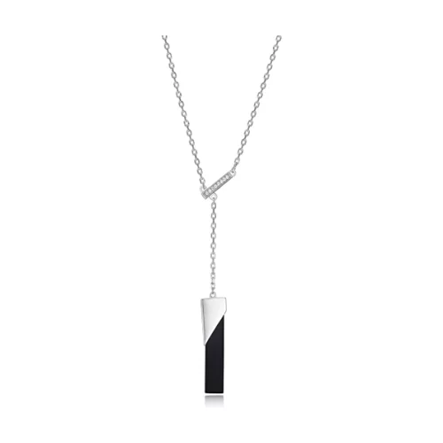 ELLE "Spatial" Sterling Silver Agate and Lariat Cubic Zirconia Necklace - Silver