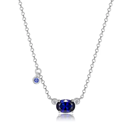 ELLE "Blue Star" Sterling Silver Oval Created Sapphire and Round Lab Grown Diamond Necklace - Silver