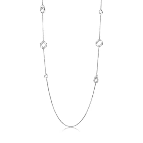 ELLE "Lattice" Sterling Silver Hexagon and Pave Cubic Zirconia Station Long Necklace - Silver