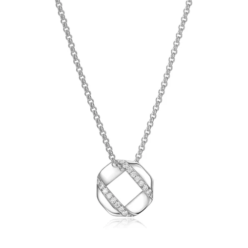 ELLE "Lattice" Sterling Silver Hexagon and Pave Cubic Zirconia Necklace - Silver