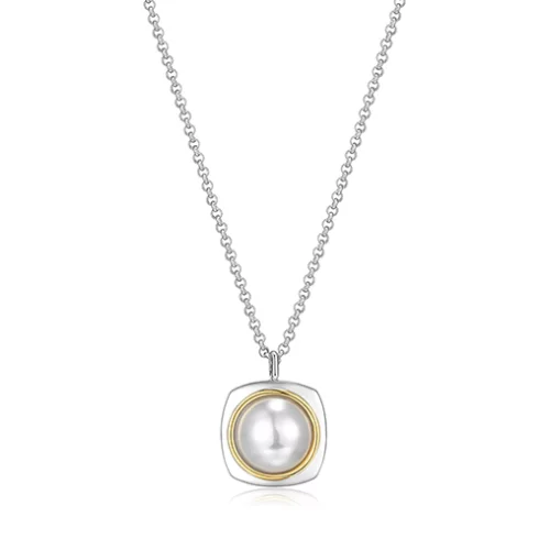 ELLE "Aureole" Sterling Silver 2-Tone Square Bezel with Pearl Necklace - Silver and Gold