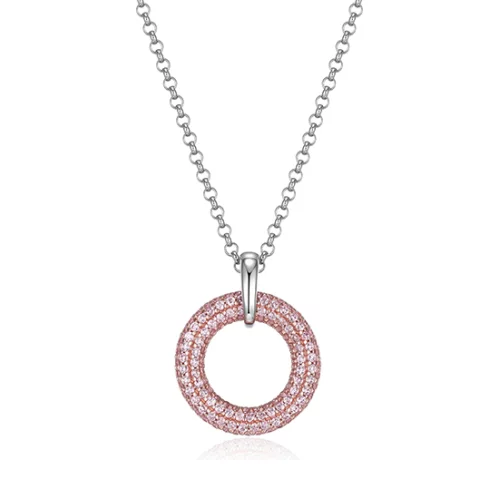 ELLE "Stardust" Round Clear Cubic Zirconia in 15mm Circle Pendant with Rolo Chain - Rose Gold