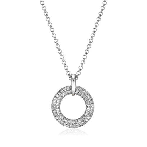 ELLE "Stardust" Round Clear Cubic Zirconia in 15mm Circle Pendant with Rolo Chain - Silver