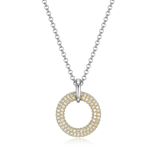 ELLE "Stardust" Round Clear Cubic Zirconia in 15mm Circle Pendant with Rolo Chain - Gold