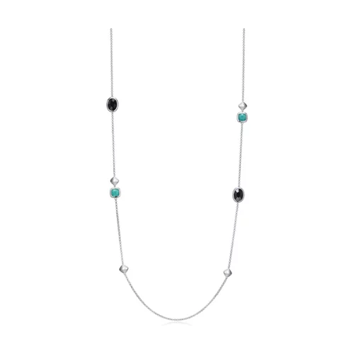 ELLE "Mirage" Cushion Cut Amazonite and Oval Hematite Station Long Necklace - Silver