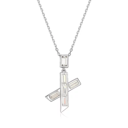 ELLE "Baguette" Straight Baguette Cubic Zirconia Criss-Cross Pendant Necklace - Silver