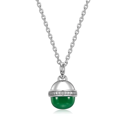 ELLE "Pivot" Genuine Light Green Agate & Round Cubic Zirconia Pendant Necklace - Silver