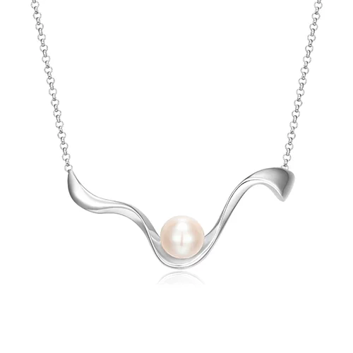 ELLE "Luna" Genuine White Pearl Wavy Pendant Necklace - Silver