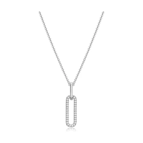 Charles Garnier Sterling Silver "Paperclip" Oval Link Pendant with CZ Necklace - Silver