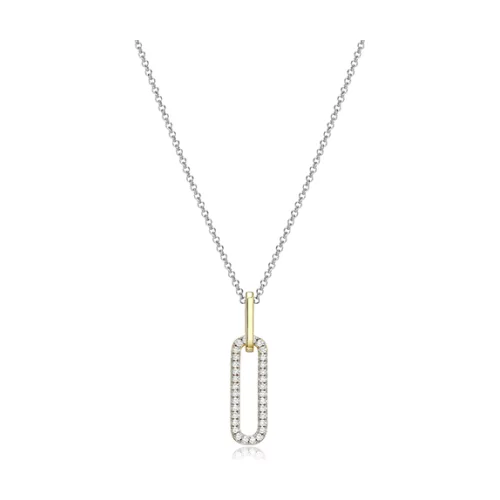 Charles Garnier Sterling Silver "Paperclip" Oval Link Pendant with CZ Necklace - Silver and Gold
