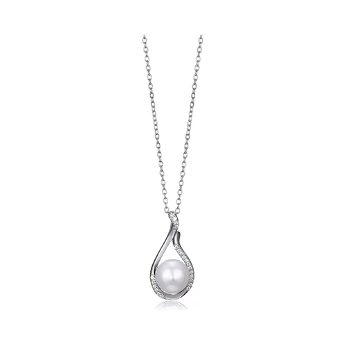Diamondlite Cubic Zirconia 8.5mm Genuine Pearl Teardrop Necklace - Silver