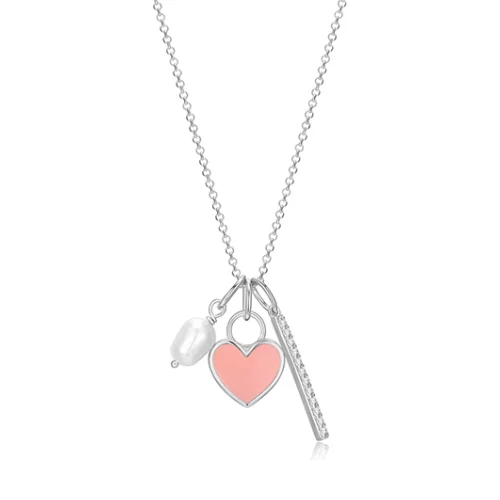 Diamondlite Cubic Zirconia, Pearl and Enamel Heart Multi-Charm Necklace - Silver