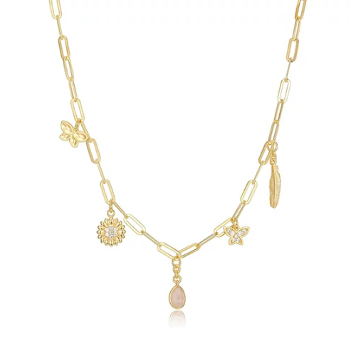 Poetic Collection Diamondlite Cubic Zirconia and Rose Quartz Paperclip Multi-charm Necklace - Gold