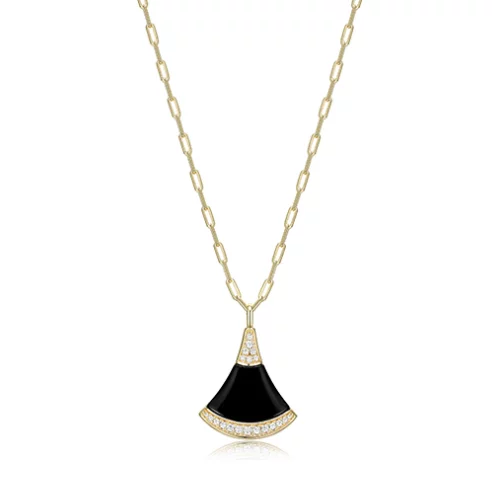 Charles Garnier Sterling Silver "Fanflare" Black Agate with Diamondlite CZ Necklace - Gold