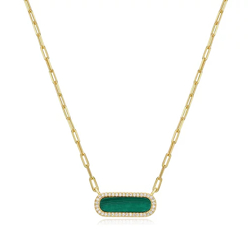 Charles Garnier Sterling Silver "Paperclip" Malachite with Diamondlite Necklace - Gold