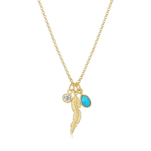 Poetic Collection Diamondlite CZ, Turquoise Magnesite and Feather Rolo Charm Necklace - Gold
